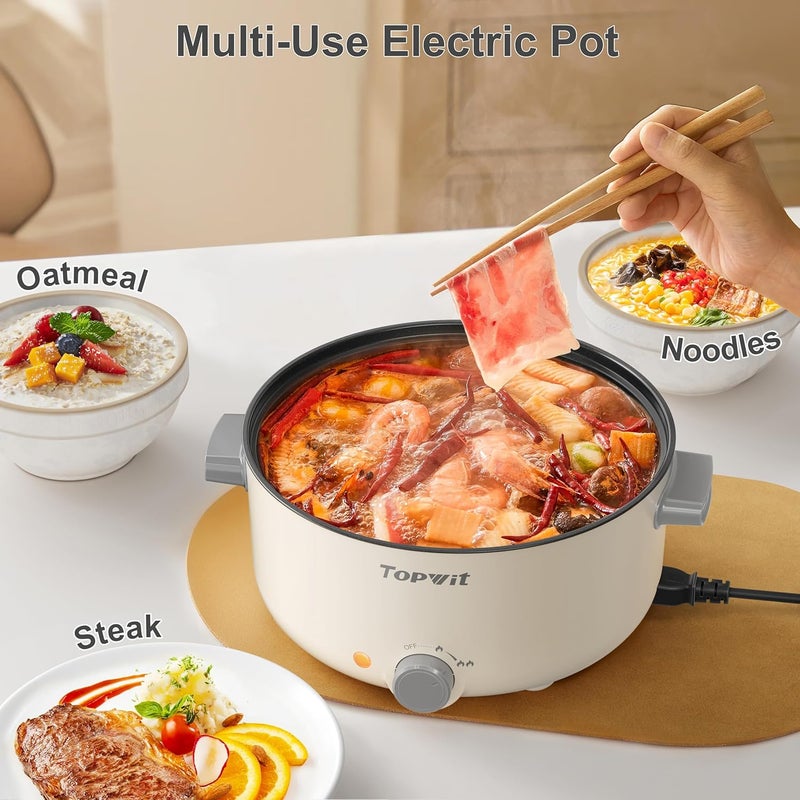 TopWit Electric Pot, 3L Hot Pot Electric, Rapid Noodles Cooker, Non-Stick Frying Pan, Multifunctional Electric Hot Pot for Steak, Egg, Ramen, Soup, Shabu Shabu Pot for Camping, RVs, Party, Beige - Image 4